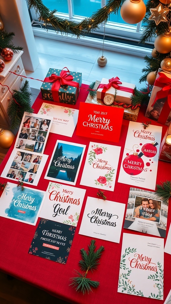 A collection of creative Christmas card designs on a festive table with holiday decorations.